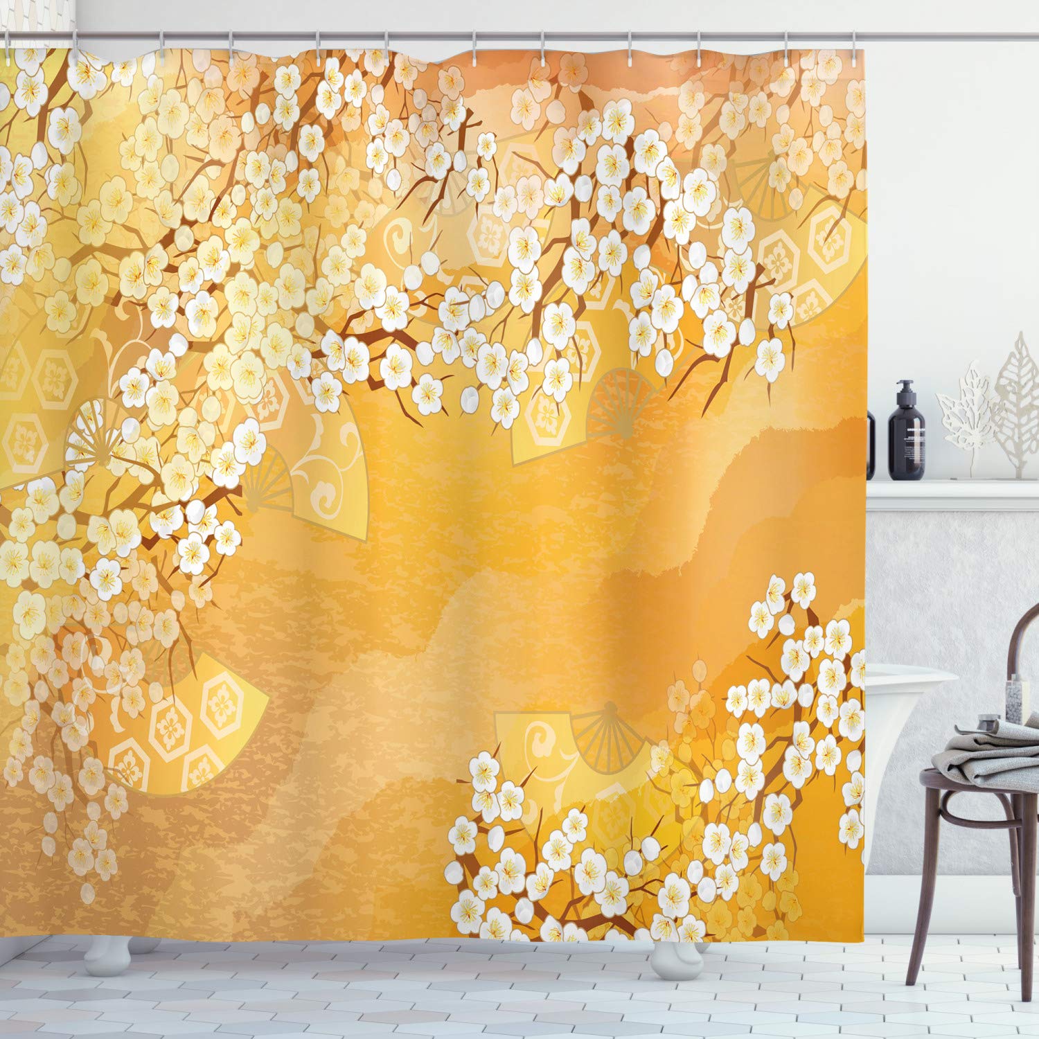 ABAKUHAUS Asian Shower Curtain, Japanese Cherry Blossom Sakura Tree Branches Blooms Artwork, Cloth Fabric Bathroom Decor Set with Hooks, 70 Inches, Marigold and Cream