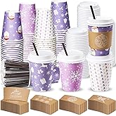 Remerry 100 Sets 400 Pcs 12 oz Christmas Disposable Coffee Cups with Lid, Straws and Sleeves Snowflake Reindeer Snowman Paper Cups Xmas Party Supplies for Hot Drink Cold Beverage (Purple Christmas)
