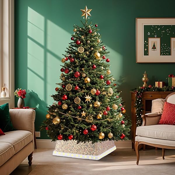 27 INCH SQUARE CHRISTMAS TREE SKIRT WITH LED LIGHTS – SPARKLING GLITTER FABRIC,BATTERY POWERED FOLDABLE SKIRT FOR CHRISTMAS HALLOWEEN HOLIDAY DECORATIONS TREES WITH A HEIGHT LESS THAN 8 FT