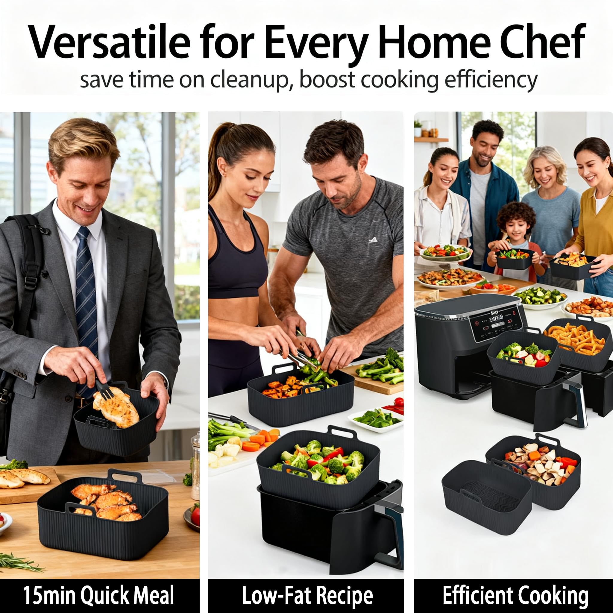 Silicone Air Fryer Liners for Ninja - Reusable DZ201 8QT Dual Basket - Rectangular 2-Pack Vacuum-Packed Easy-Clean Dishwasher-Safe Food-Safe for Home Chefs - Christmas & Housewarming Gifts