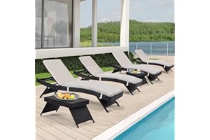 Asifom Outdoor Chaise Lounge Chairs + Coffee Tables Set of 6 with Detachable Cushions, Pool Sunbathing Recliners PE Rattan Patio Loungers Wicker for Outside Porch Backyard Poolside Deck Porch