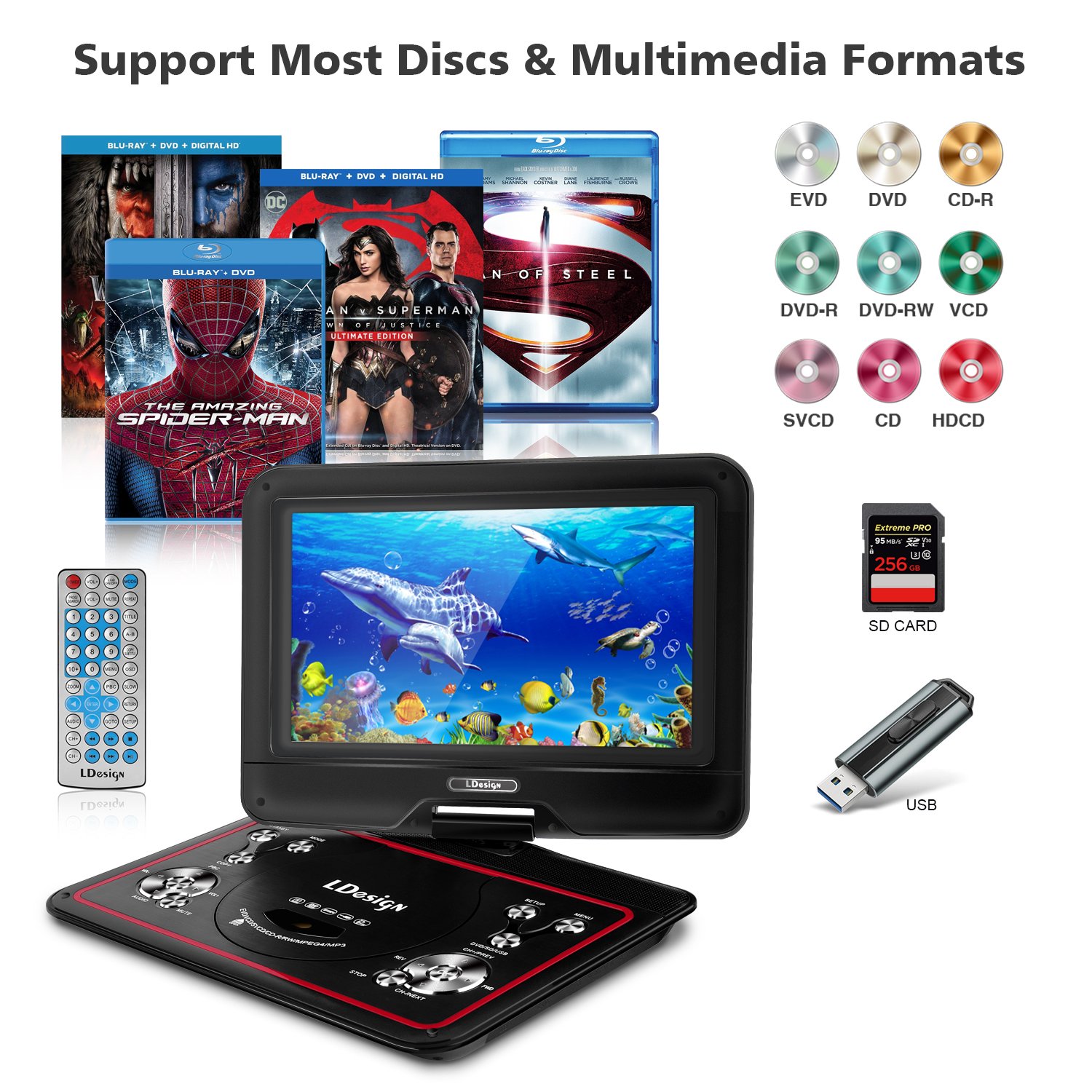 10.5-Inch Portable DVD Player, LDesign Headrest DVD Player for Car with Swivel Screen, 4-Hour Rechargeable Battery, SD Card & USB Port Read, Remote Control, Multi Media Play and Charge in Car Support