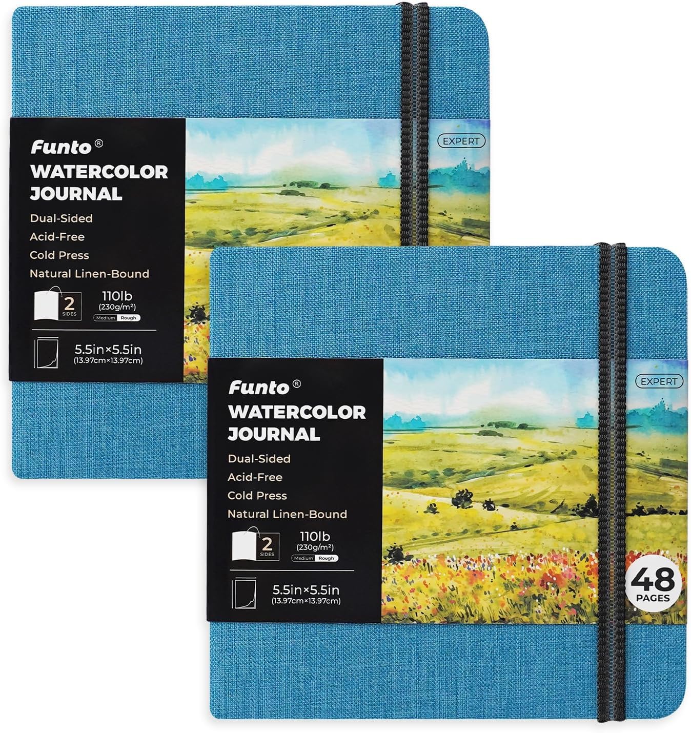 Funto Watercolour Journal, Square, Dual-Sided Cold-Pressed Paper, 5.5" x 5.5", Portable 2-Pack, 48 Pages Each, Blue Cover with Elastic Band, 110 lb/230gsm, Art Supplies for Mixed Media