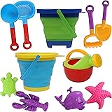 Top Right Toys 11 Piece Beach and Sand Toy Set for Kids - with Collapsible Bucket Pails, Sand Molds, Watering Can…