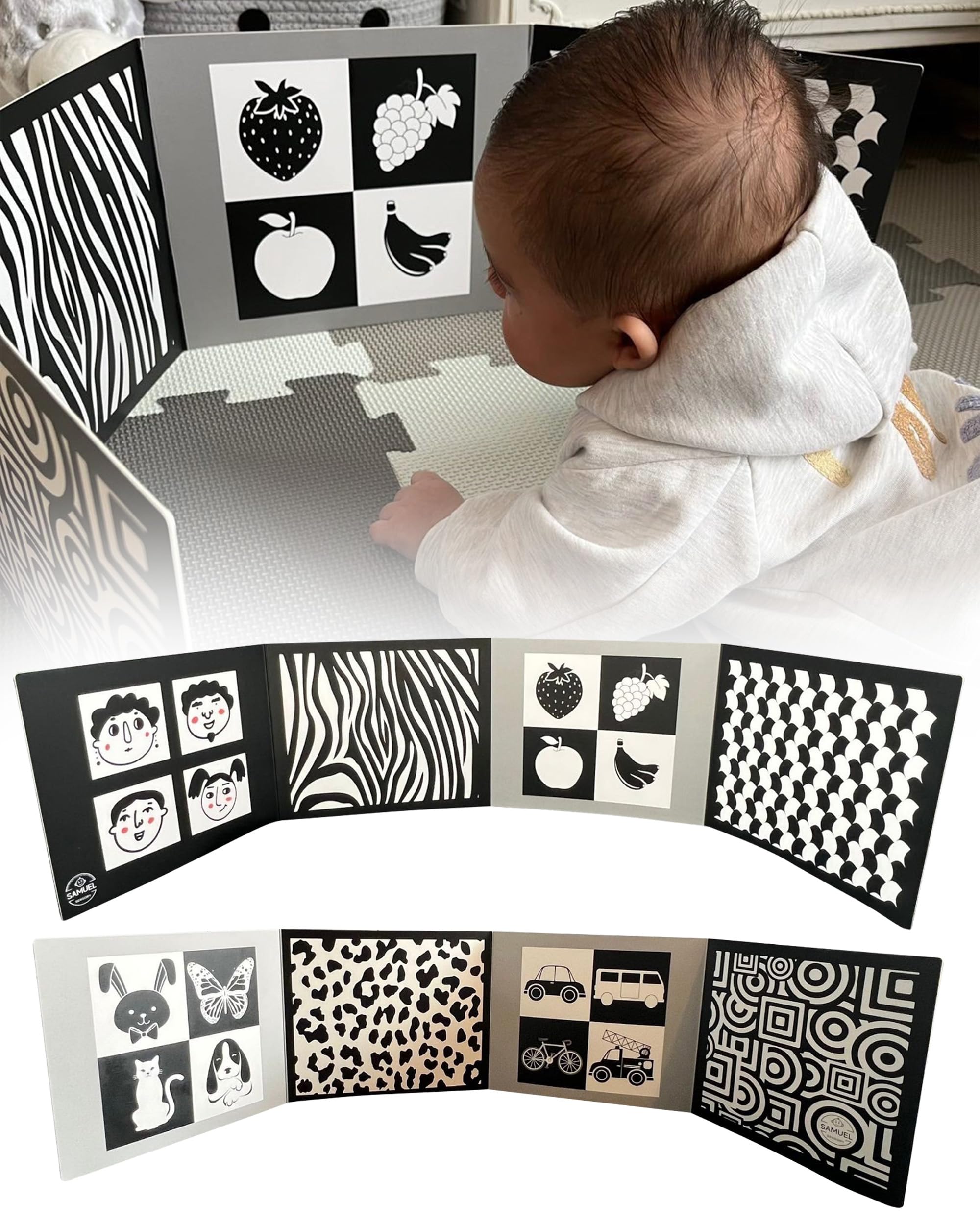 Samuel Sensory Black and White Baby Book Fold-Out Black and White Extra Large Cards for Newborn Tummy Time Toys - 100cm Sensory Cards That Serve As Tummy Time Book - Thick Stand Up Baby Sensory Book 2