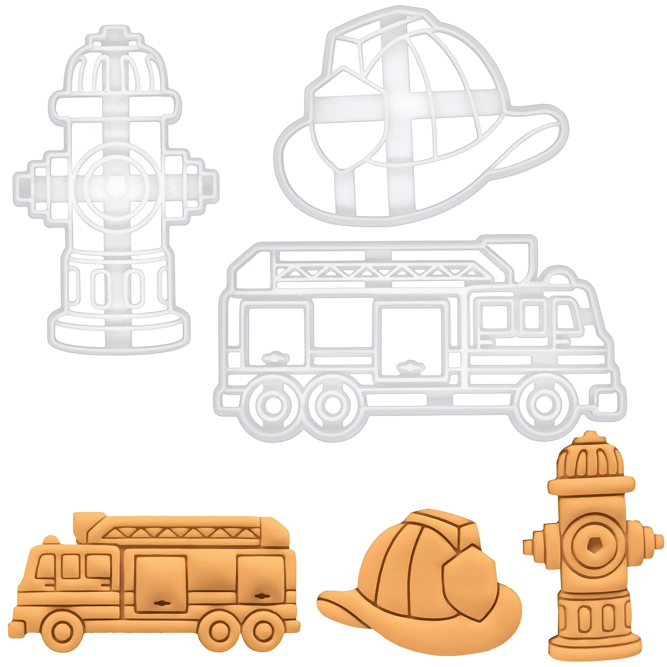 BAKERLOGY Set of 3 Fireman Themed Cookie Cutters (Designs: Fire Truck, Fire Hydrant, and Fire Helmet) - Detailed Biscuit Cutter Design for Baking and Crafts, Ideal on Fondant, Dough, Clay