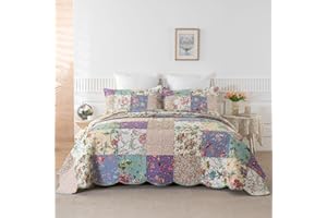YAYIDAY Oversized King Bedspreads Patchwork Quilt Set (120x118 Inch) - 100% Cotton Reversible Breathable Floral Quilted Coverlet with Pillow Shams Fit All Season