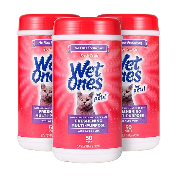WET ONES FOR PETS FRESHENING MULTIPURPOSE WIPES FOR CATS WITH ALOE VERA, 50 COUNT- 3 PACK | EASY TO USE CAT CLEANING WIPES, FRESHENING CAT GROOMING WIPES FOR PET GROOMING IN FRESH SCENT (FF12853PCS3)