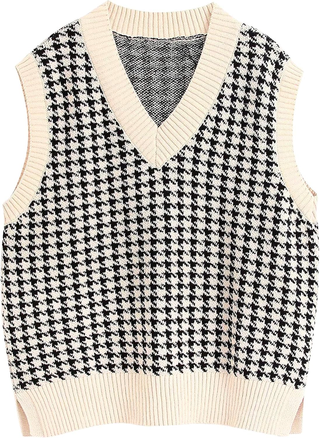 Women Casual Oversized Houndstooth Sweater Vest V Neck Knit Preppy