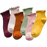 Heran 6 Pairs Cute Ruffle Socks for Women, Woman Color Frilly Ankle Socks, Cotton Lettuce edge Stockings for Girls Students