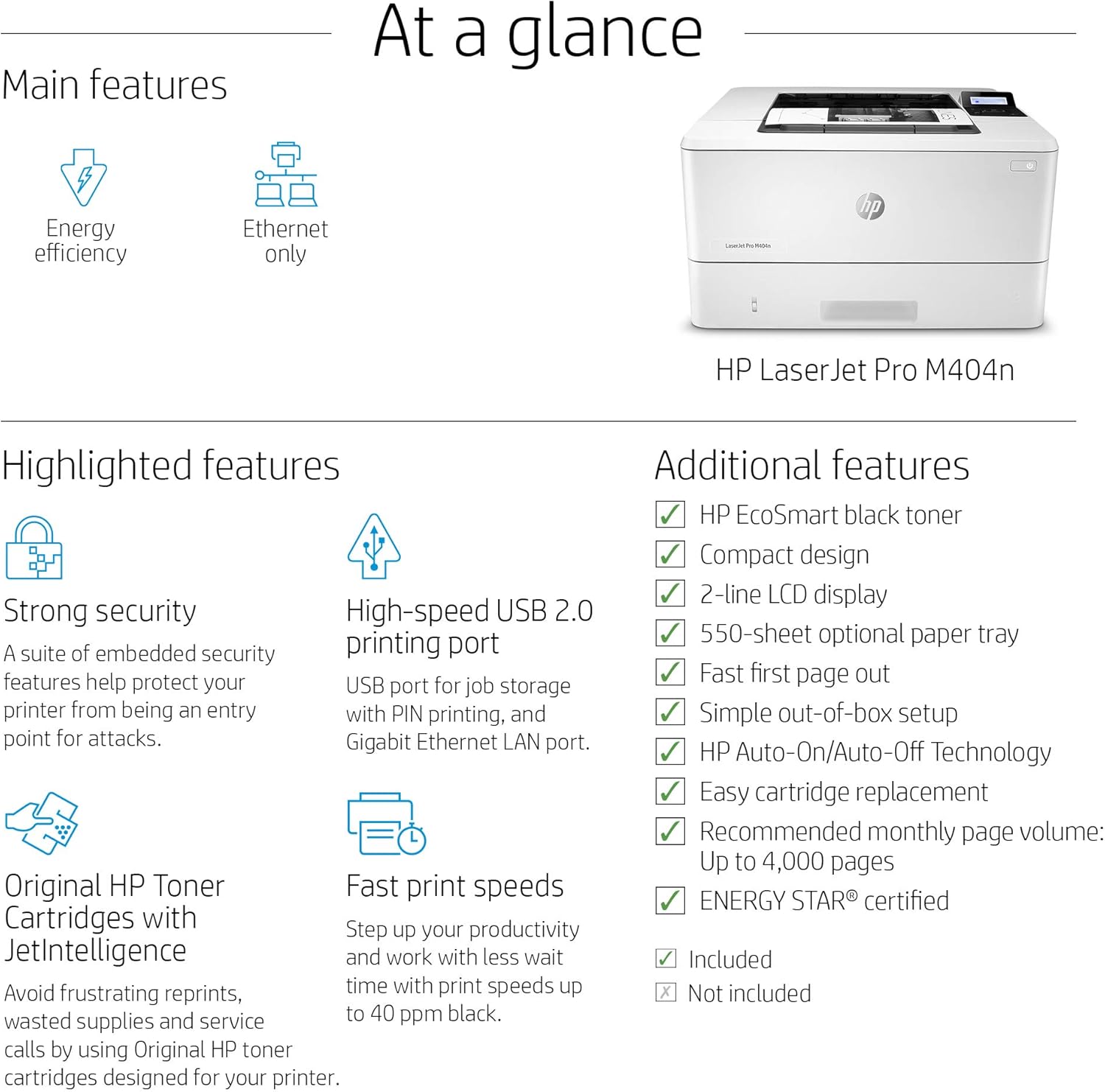 HP LaserJet Pro M404n Laser Printer with Built-in Ethernet & Security Features, Works with Alexa (W1A52A): Electronics