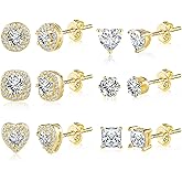 ALEXCRAFT Sterling Silver Stud Earrings for Women Cubic Zirconia Halo Round Heart Square Diamond Large Silver Stud Set