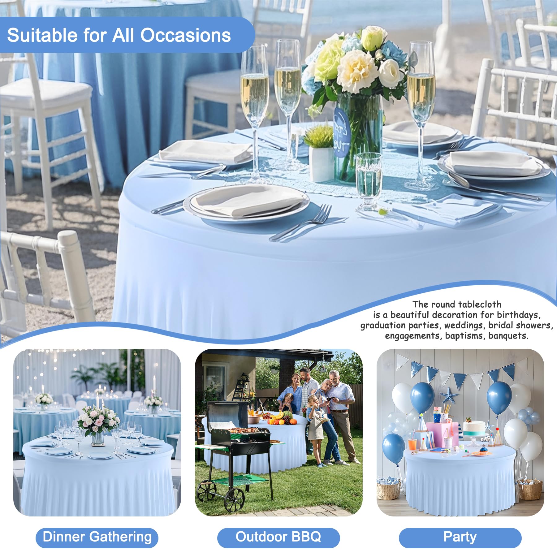 GALLETY Baby Blue Table Cloth for 5FT Round Tables, Fitted Spandex 120 inch Round Tablecloth, Wrinkle Free Table Skirt for Receptions Birthday Photography Party Social Events Baby Showers Decorations