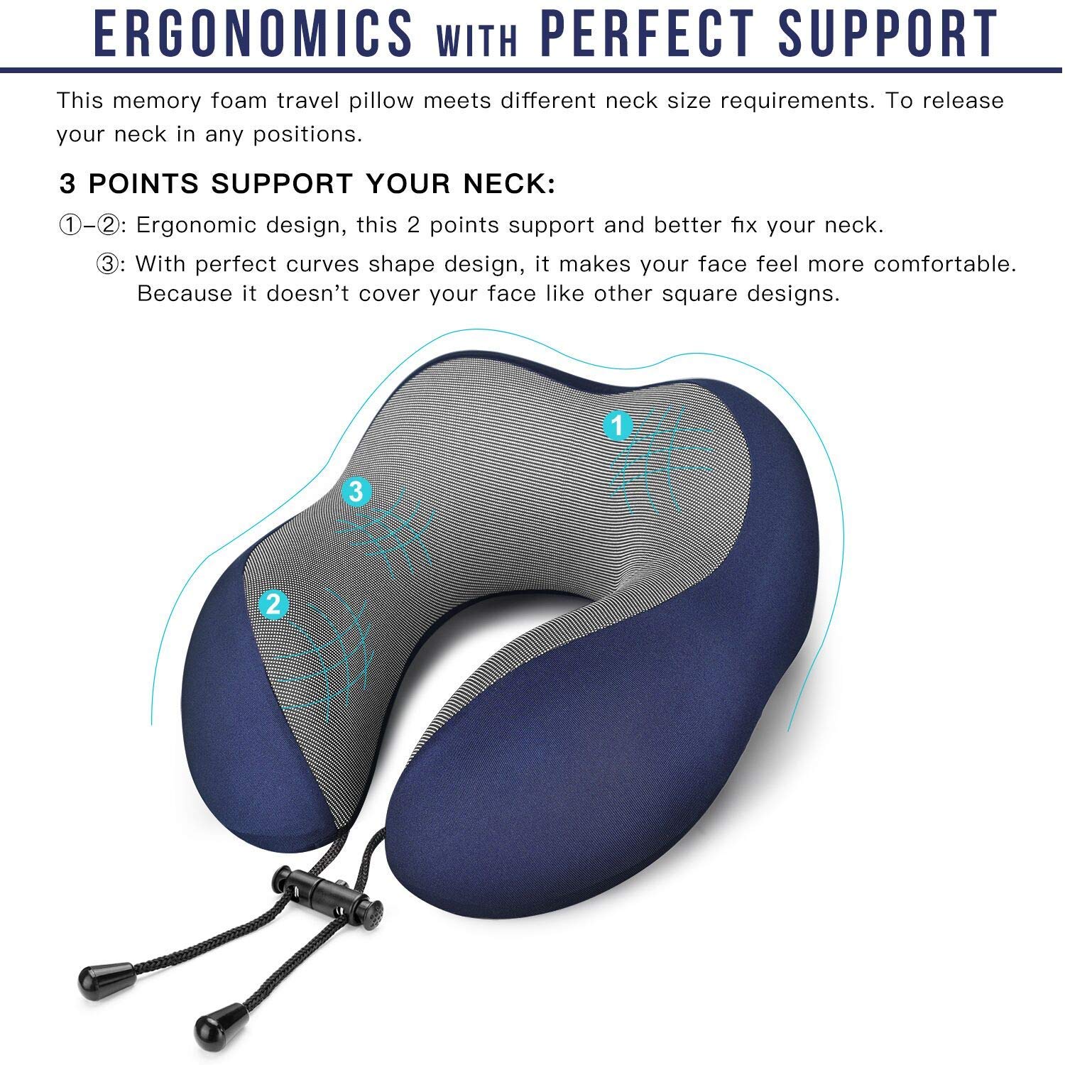 MLVOC Travel Pillow 100% Pure Memory Foam Neck Pillow, Comfortable & Breathable Cover, Machine Washable, Airplane Travel Kit with 3D Contoured Eye Masks, Earplugs, and Luxury Bag, Standard (Blue)