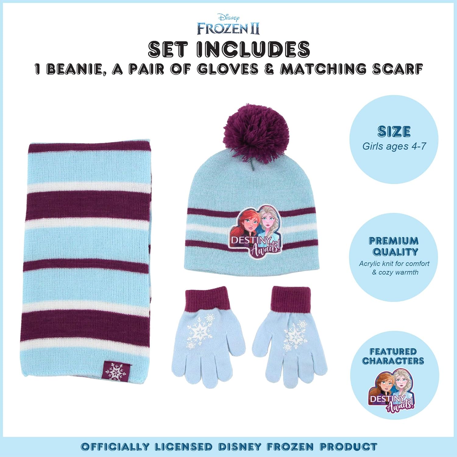 Disney Girls' Frozen 2, Elsa and Anna Kids Winter Beanie Hat, Scarf and Gloves Or Mitten Cold Weather Set: Clothing