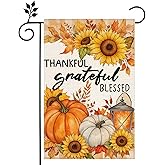 Happy Fall THankful Grateful Blessed Cardinalis Pumpkin Maple Leaves Garden Flag 12 x 18 Inch Autumn Home Outdoor Yard Decoration Flag