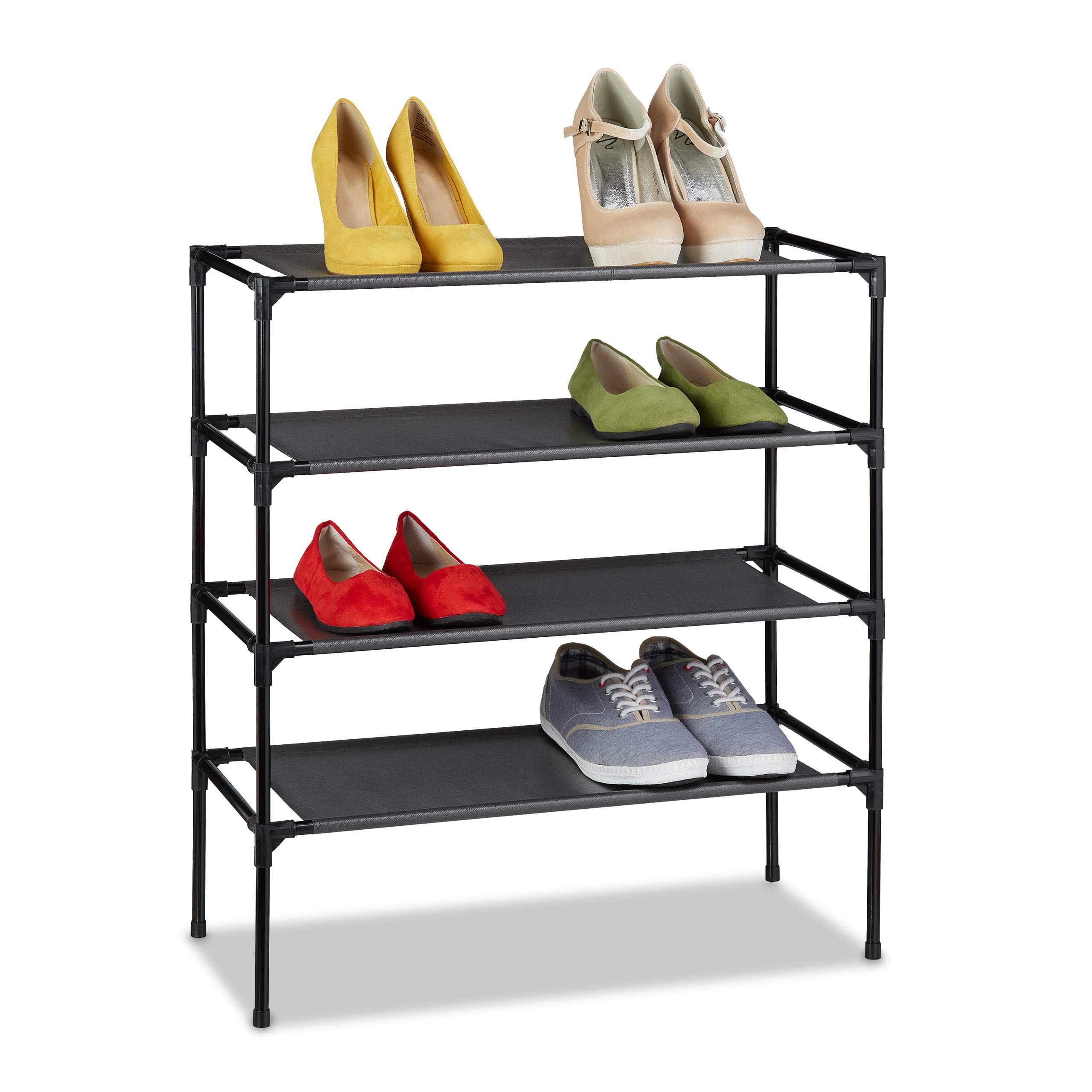 Relaxdays Shoe Rack, Organiser with 4 Levels, Stores 12 Pairs of Shoes, Fleece, Iron, HxWxD: 68 x 62 x 28, Black