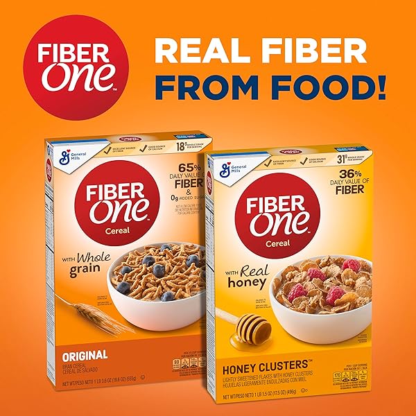 FIBER ONE HONEY CLUSTERS BREAKFAST CEREAL, FIBER CEREAL MADE WITH WHOLE GRAIN, 17.5 OZ