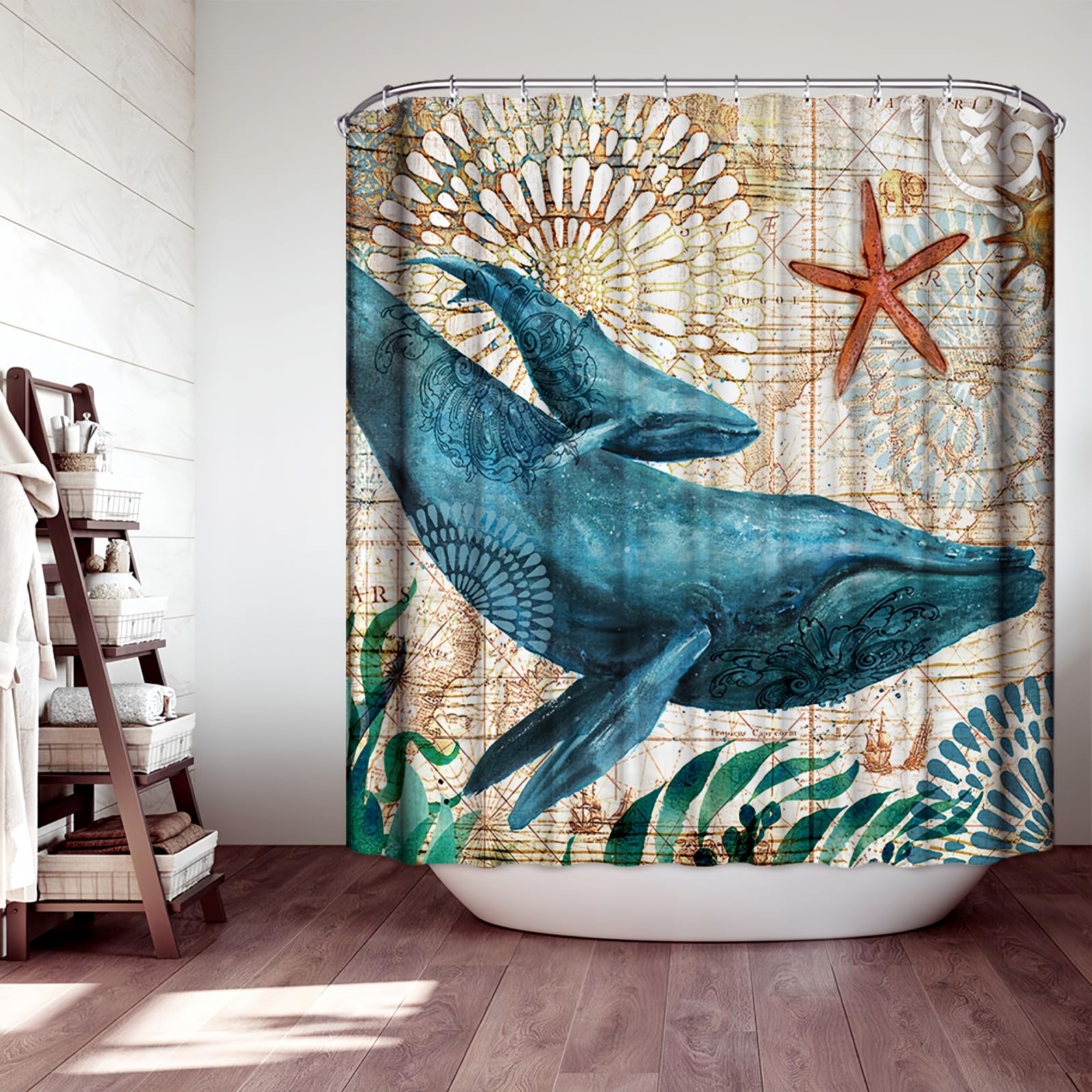 JMAHM Shower Curtain Ocean Mildew Resistant Polyester shower curtains Bathroom with 12 hooks bath curtains Marine Organism Bathroom Curtains (180x200, Colorful-Whale)