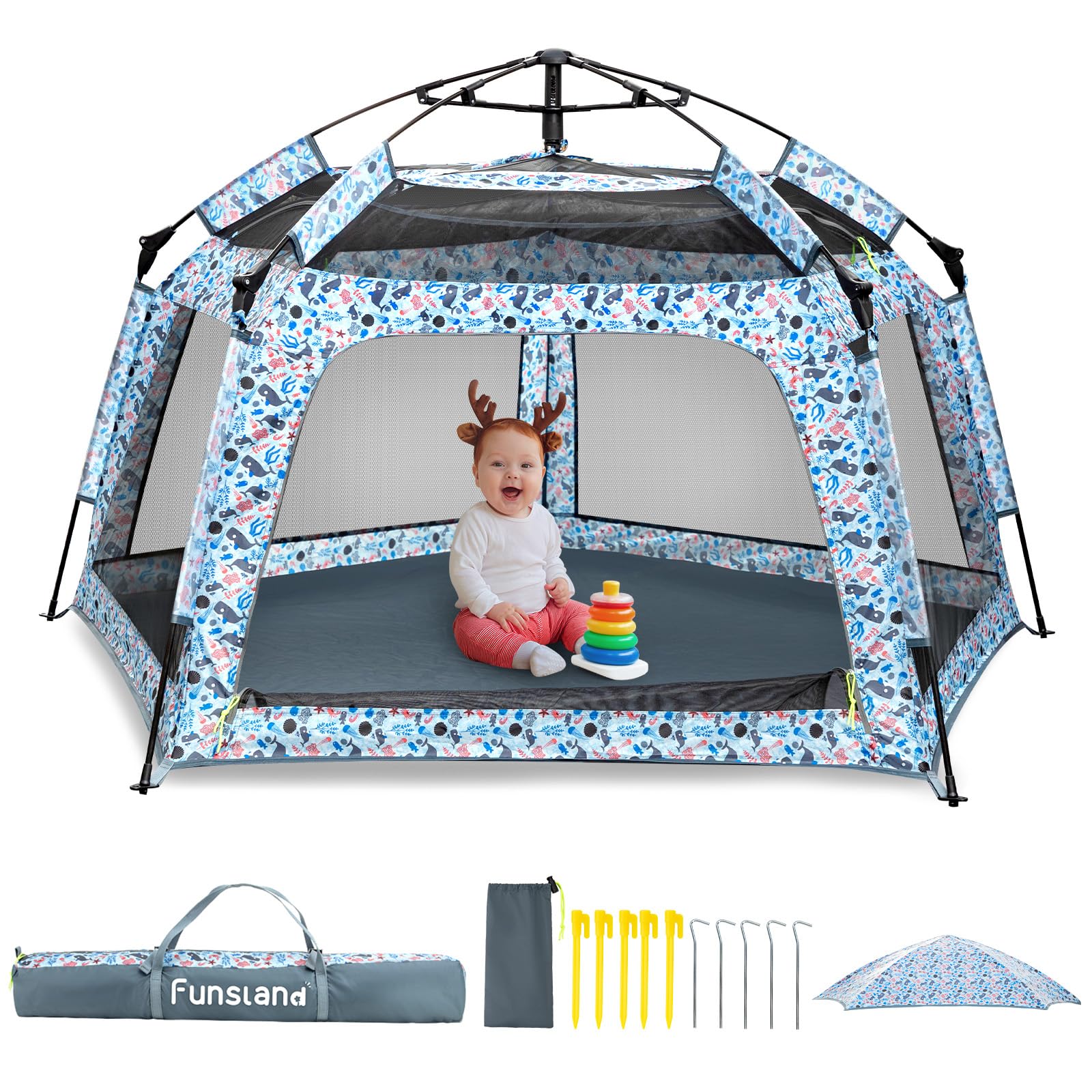 Funsland Kids Pop-up Play Tents - Tents for Baby and Toddlers Boys Girls Tent Playhouse Indoor & Outdoor, Automatic Tent Gifts for 1 2 3 4 5 6 Years, Bule