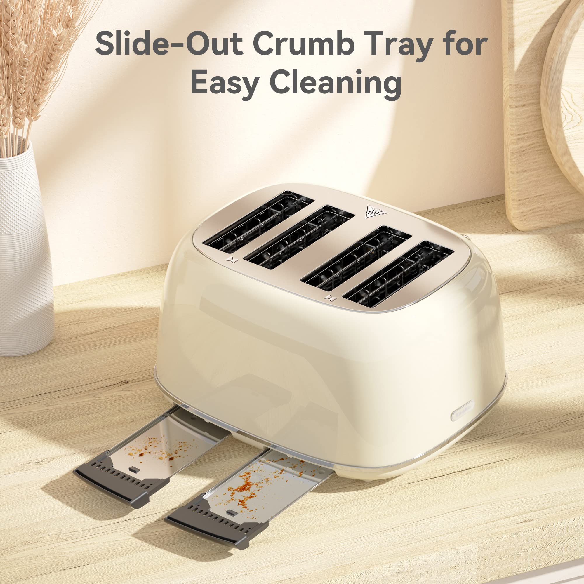 Tostadora de 4 rebanadas, acero inoxidable retro con 6 configuraciones de pantalla de pan, tostadora con ranuras de 1.5 pulgadas de ancho con funciones de cancelar/descongelar/recalentar, panel de control dual independiente, bandeja para migas de extracción (crema)