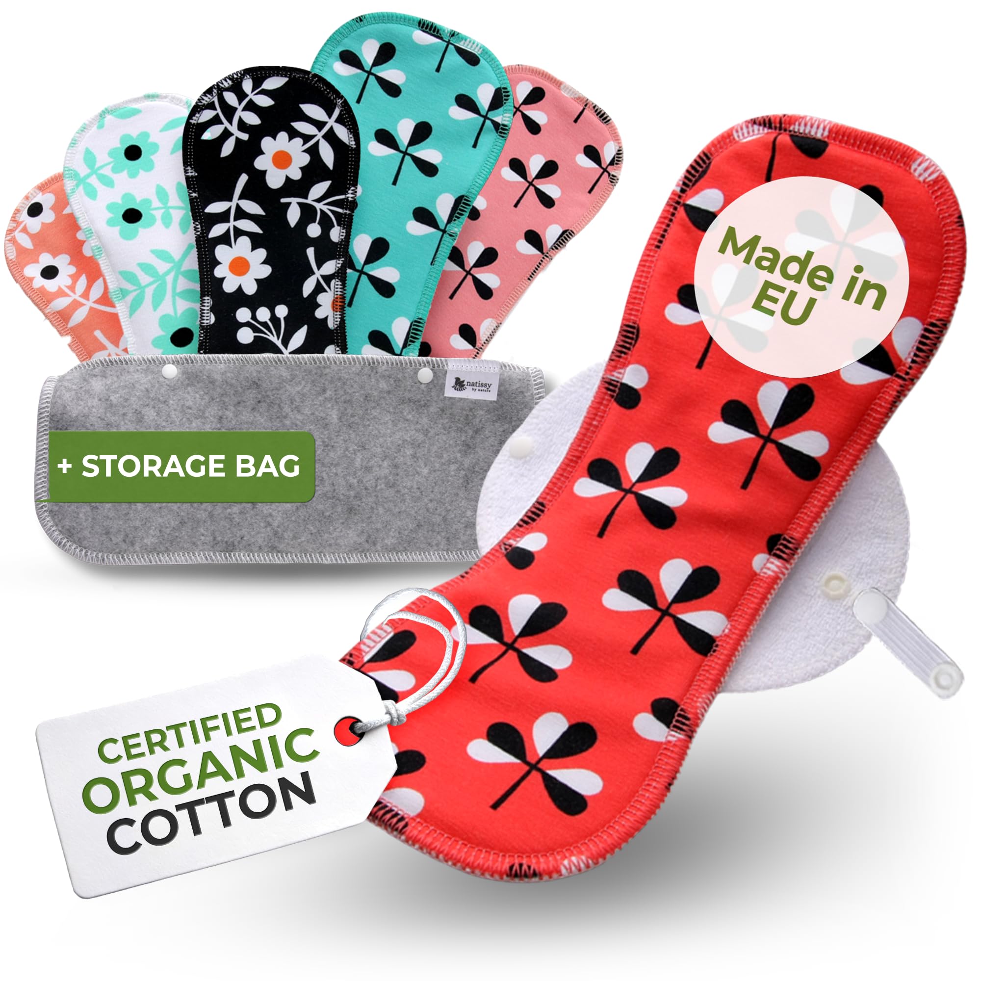 Made in EU – Reusable Sanitary Pads for Heavy Flow (6 Pack, L & XL) – High-Temp Washable, Extra-Absorbent Cloth Period Pads for Women – Ultra Soft Organic Cotton, Reliable Fit & Leak Proof Comfort