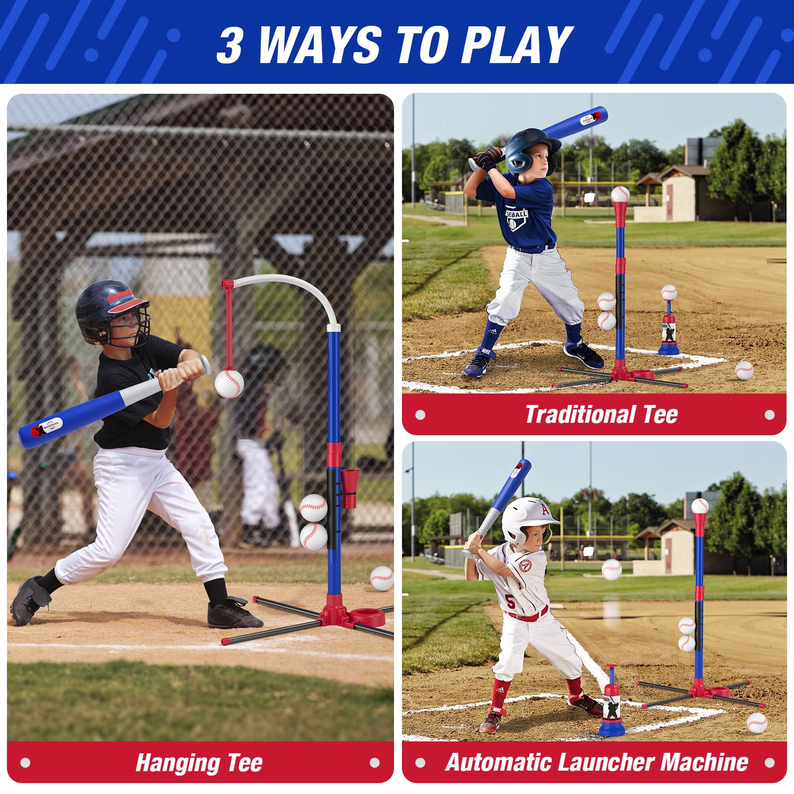 3-in-1 Baseball Set for Kids 3-5 - Tee Ball Stand, Hanging Tee, Ball Launcher and 6 Softballs - Adjustable Height, Indoor/Outdoor Sport Gifts for Boys Girls, Blue