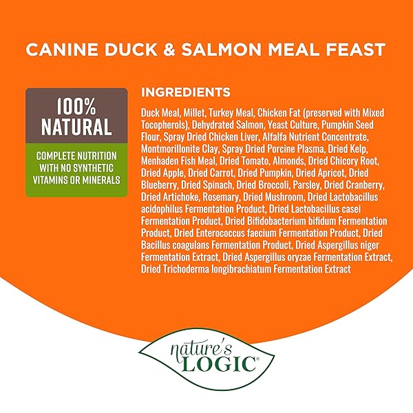 NATURE’S LOGIC DRY DOG FOOD – 100% NATURAL – NO SYNTHETICS – FOR ALL AGES, SIZES, BREEDS – FREE FROM COMMON ALLERGENS, HIGH PROTEIN – DUCK & SALMON MEAL FEAST, 4.4LBS