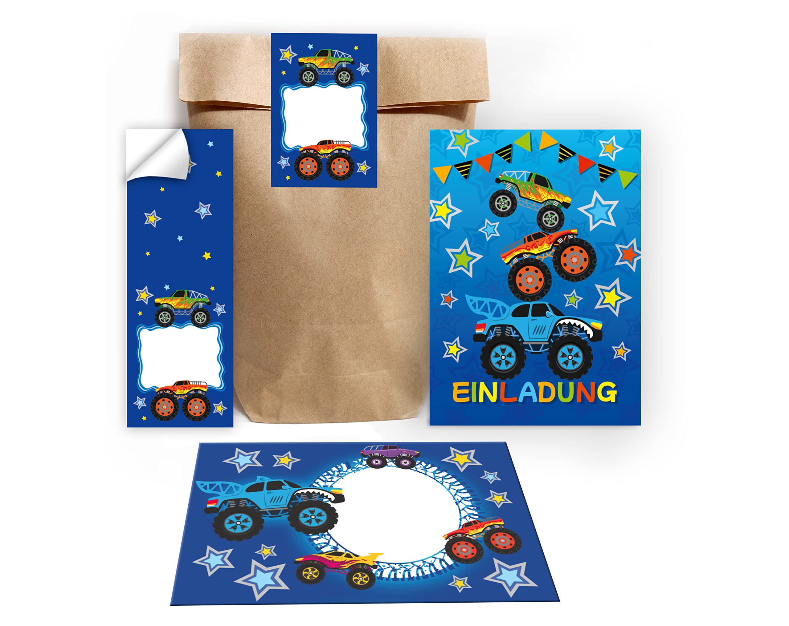Junapack 12 Invitation Cards for Children's Birthday Boys Monster Truck Car Including 12 Envelopes, 12 Bags/Natural, 12 Stickers