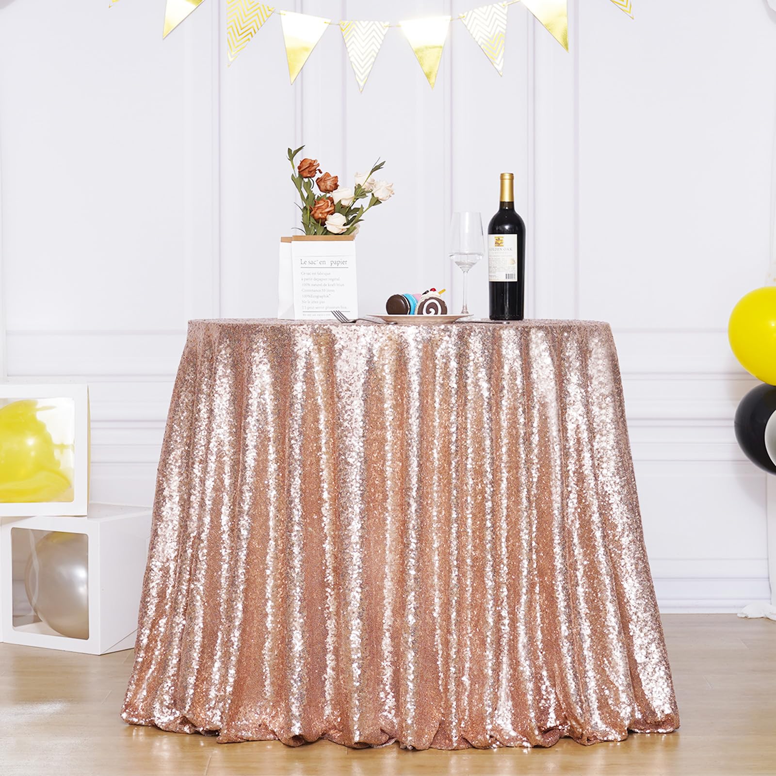 3E Home Sequin Tablecloth 127cm Round Rose Gold Sequin Table Cloth Round Blush Circular Sparkly Fabric Tablecloth Birthday Wedding Party Dinner Event Banquet Decoration — image 1