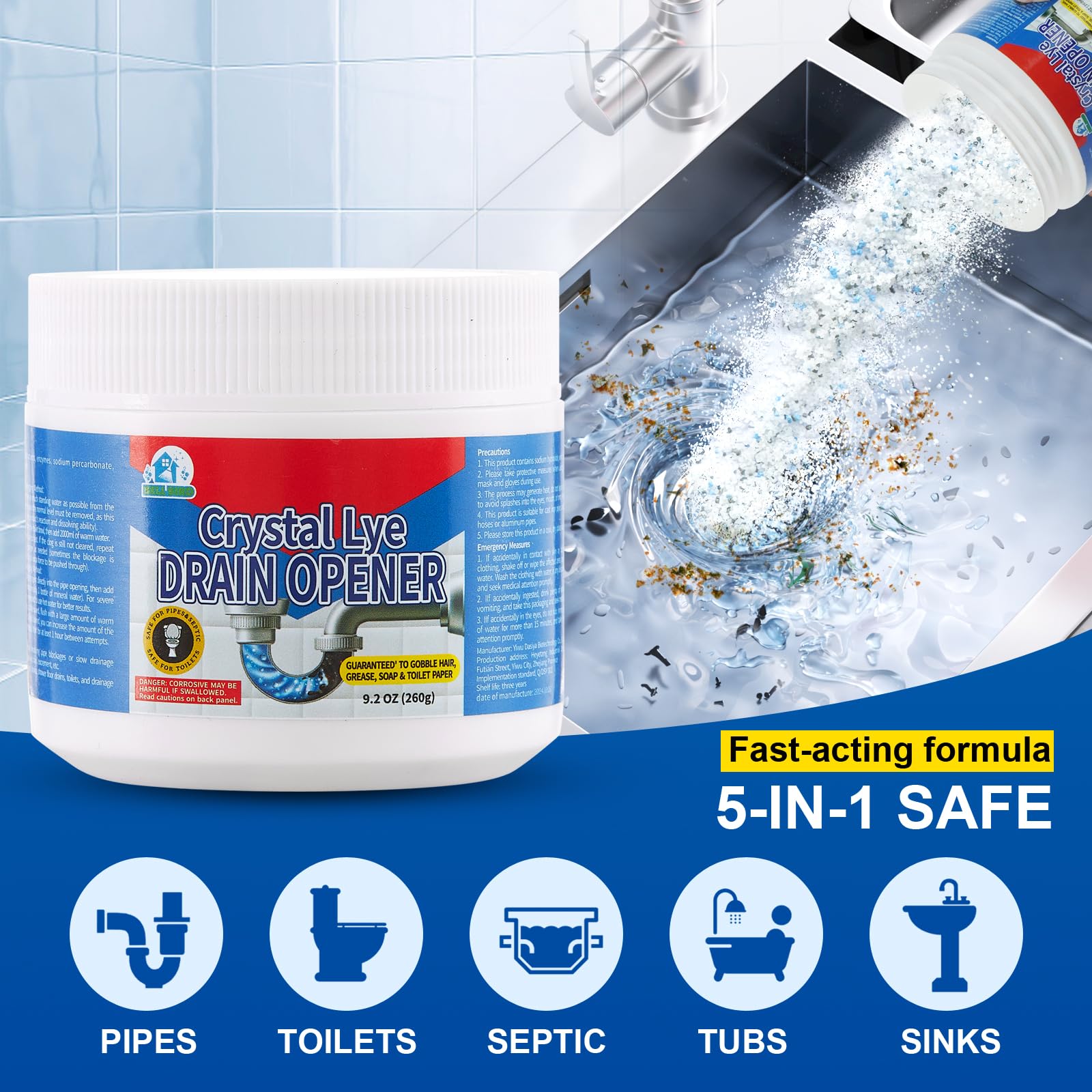 Bell Bird Kristall‑Abflussreiniger mit Natriumhydroxid, Extra Stark Rohrfrei Rohrreiniger Cleaner für Küche & Bad, Waschbecken, Abflüsse und Duschrohre - 1 Flasche 2
