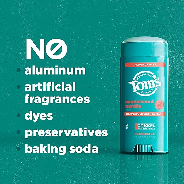 TOM’S OF MAINE SANDALWOOD VANILLA ALUMINUM FREE NATURAL DEODORANT FOR WOMEN & MEN | GOES ON CLEAR | ODOR & WETNESS PROTECTION | NATURALLY DERIVED AND MOISTURE-LOCKING INGREDIENTS | 3.25 OZ