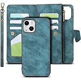 iCoverCase Compatible with iPhone 13 Wallet Phone Case with Card Holder, PU Leather Zipper Pocket Magnetic Detachable Flip Case with Wrist Strap (Blue)