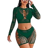 Avidlove Fishnet Lingerie Sets for Women Sexy Two Piece Rave Outfits Mesh Bodysuit Clubwear