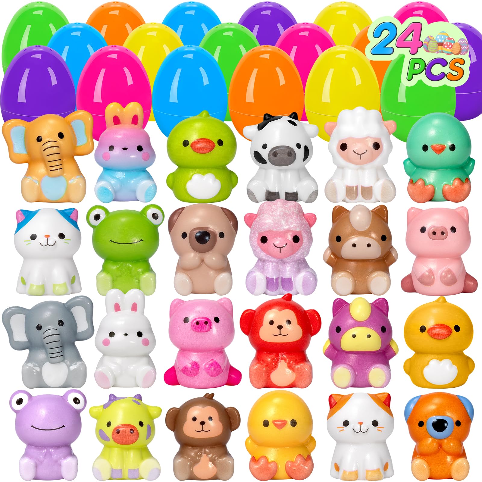 CHMYWJ 24 PCS Prefilled Easter Eggs with Toys Slow Rising Squishy Toys Easter Basket Stuffers for Toddler Easter Gifts for Kids, Squishies Easter Toys for Toddlers, Easter Egg Hunt