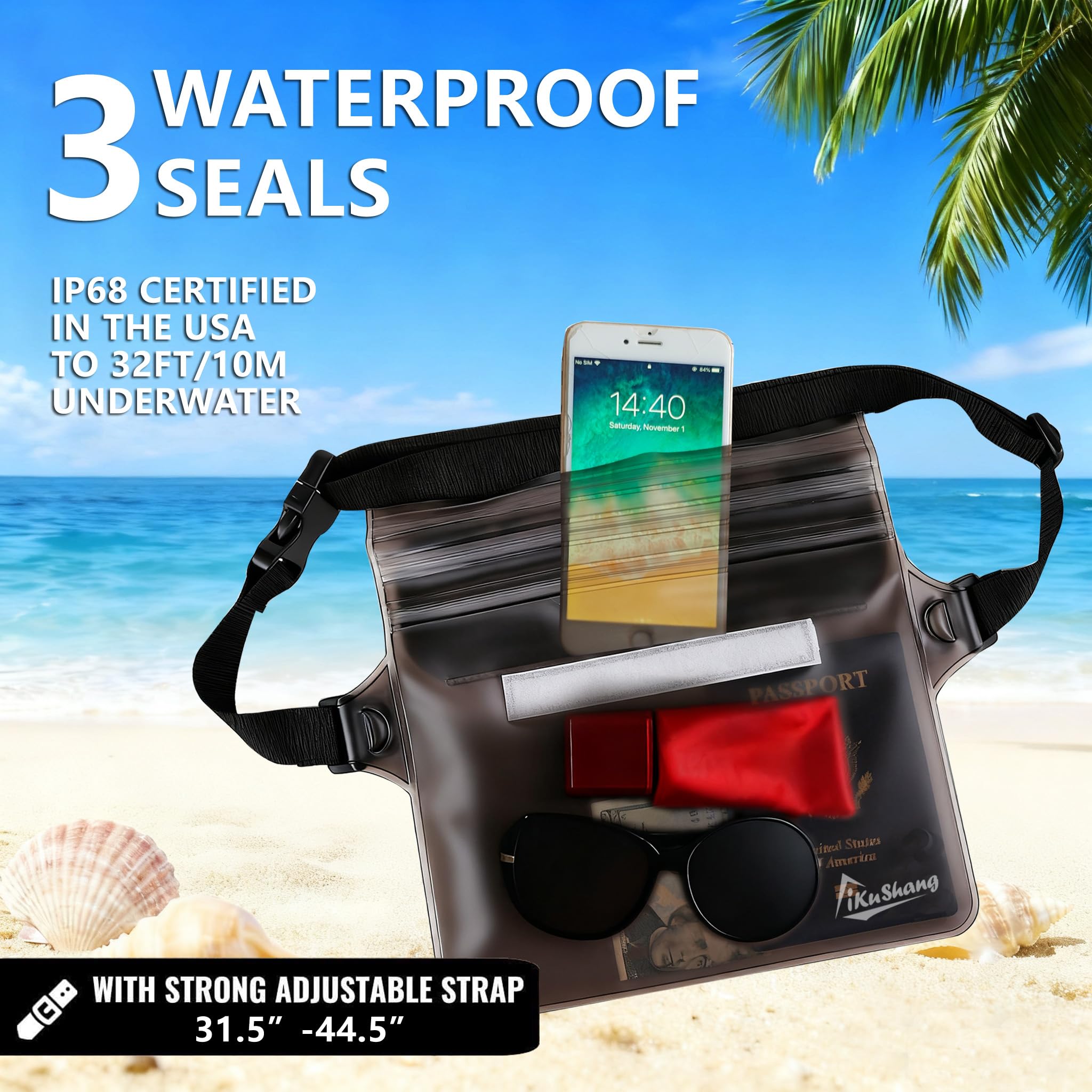iKuShang Waterproof Fanny Pack with Triple Zip Lock, Submersible Up to 32FT Dry Bag Pouch, Touchscreen Phone Case for Beach, Cruise, Swimming & Kayaking Essentials
