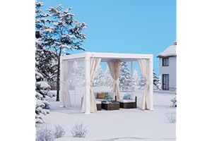 SUNBURY 10'x10' Louvered Pergola, All Aluminum Frame Outdoor Pergola with Adjustable Rainproof Hard Top Curtains & Netting for Patio Garden Backyard (White)