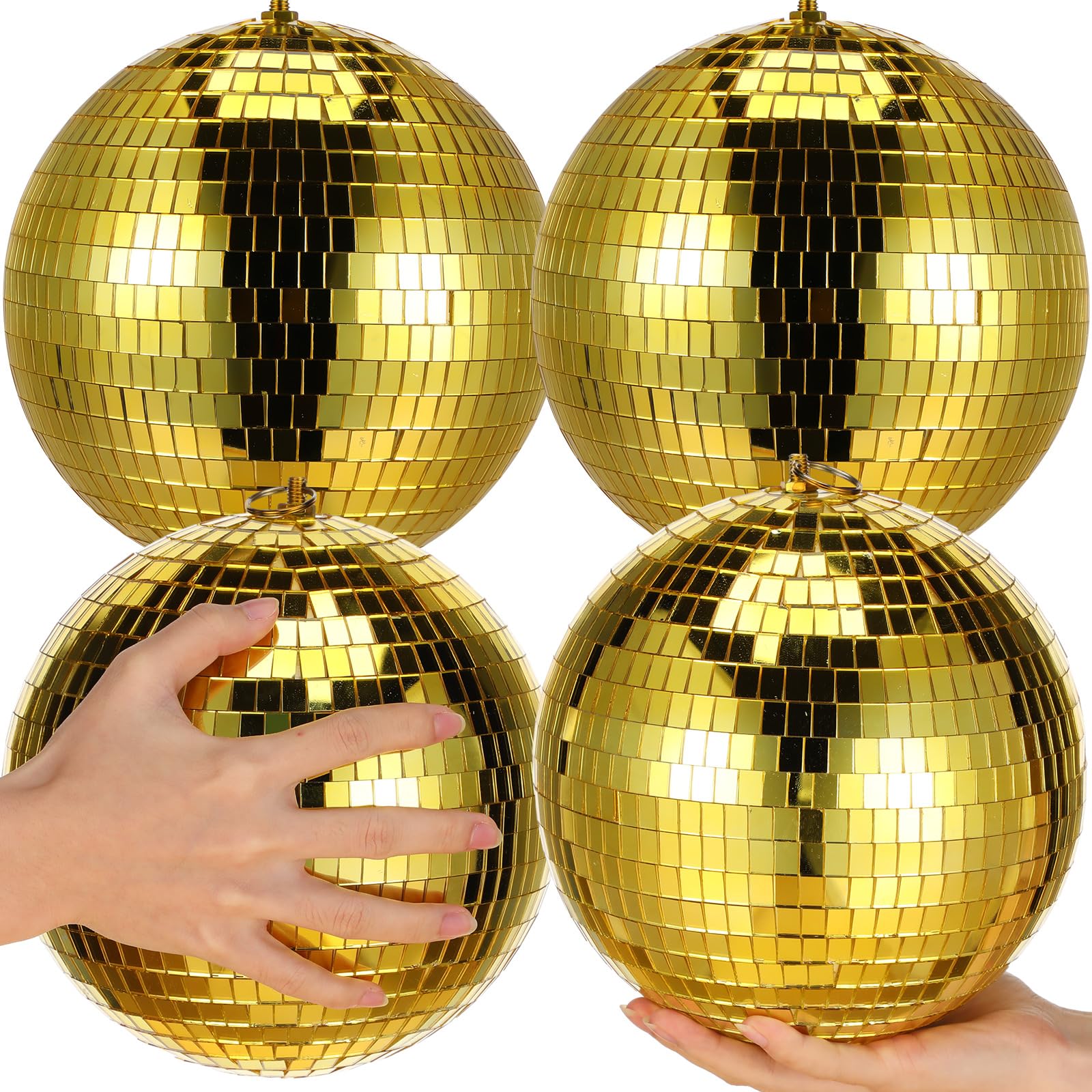 Photo 1 of Maxdot 4 Pcs Disco Balls 7.87 Inch Mirror Balls with Hanging Ring Mirror Disco Hanging Glass Ornaments for DJ Club Stage Dance Parties Wedding 70s Party Decor Bar Pub Ornament Prop(Gold)