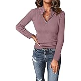 PRETTYGARDEN Spring Quarter Zip Pullover Sweaters for Women 2026 Long Sleeve Collared Fitted Ribbed Knit Tops