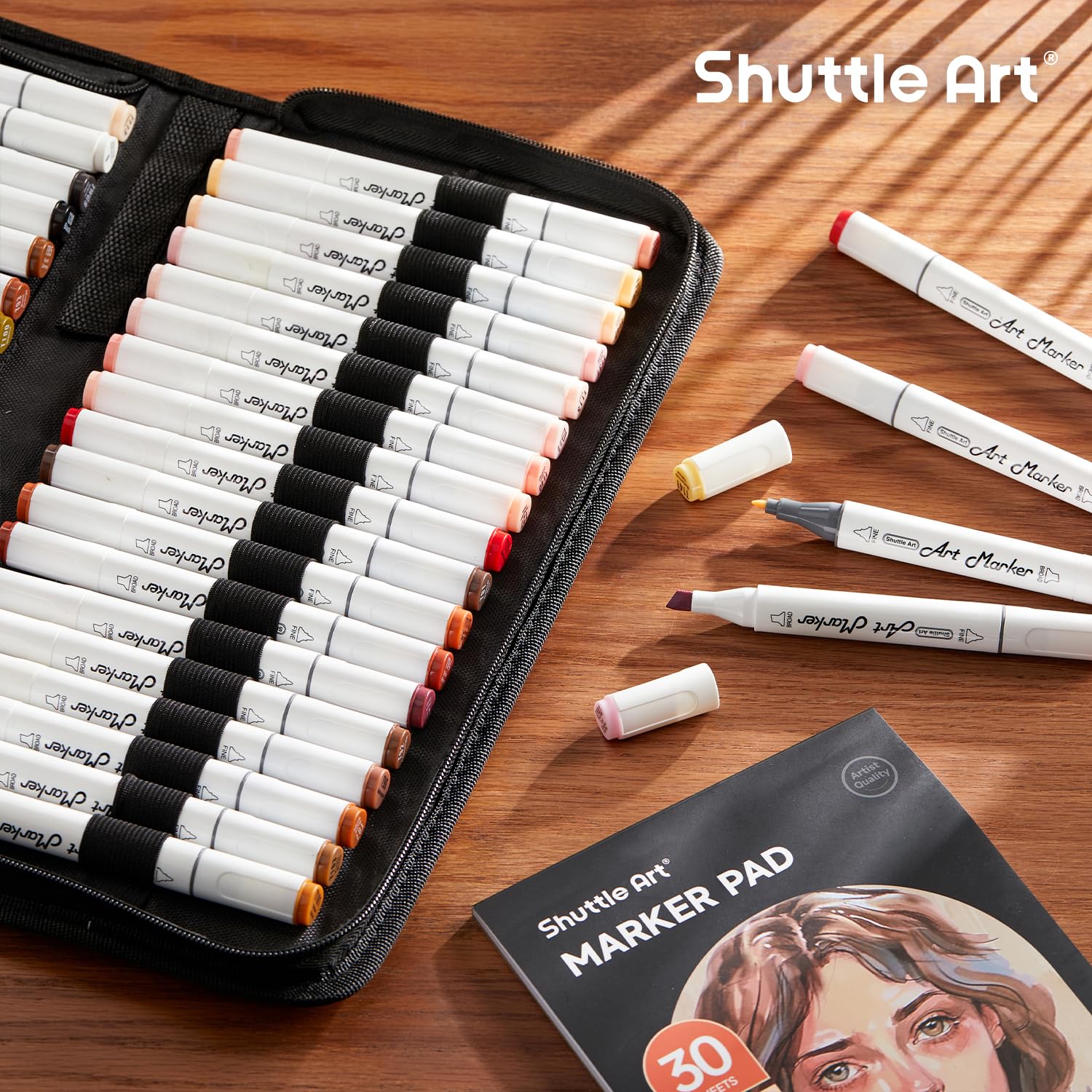 Shuttle Art 36 Colors Skin Tone&Hair Art Markers, Dual Tip Alcohol Based Marker Pen Set Contains 1 Blender 1 Carrying Case 1 Marker Pad Perfect for Kids & Adults Portrait,Comic, Anime, Manga