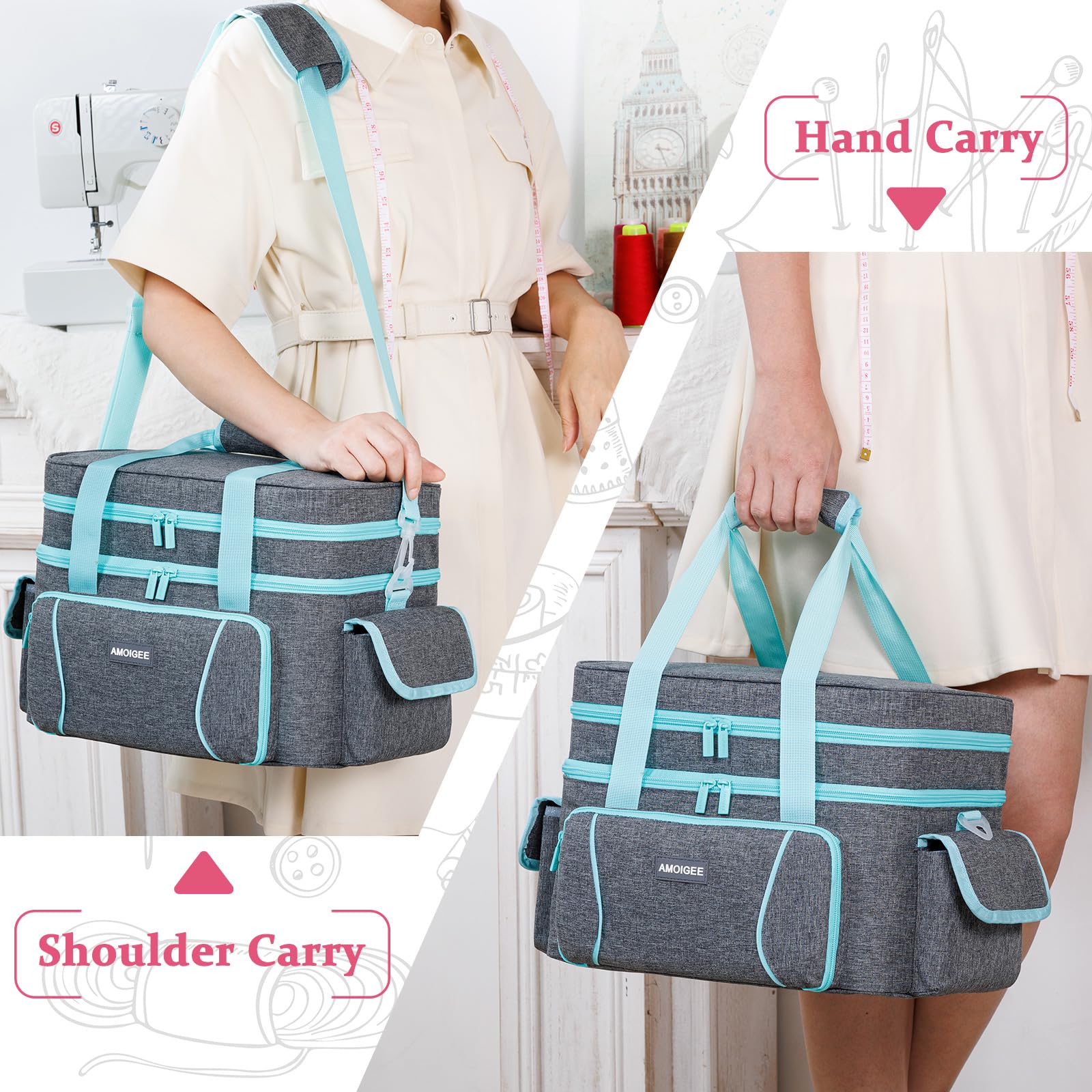 AMOIGEE Double-Layer Sewing Storage Bag with 2 Detachable Pouches – Large Sewing Organizer with Shoulder Strap, Elastic Loops & Dividers for Sewing Supplies, Tools & Accessories