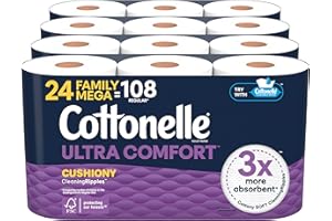 Cottonelle Ultra Comfort Toilet Paper with Cushiony CleaningRipples Texture, Strong Bath Tissue, 24 Family Mega Rolls = 108 Regular Rolls (4 Packs of 6)