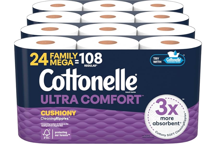 Cottonelle Ultra Soft Toilet Paper with Cushiony CleaningRipples Texture, Strong Bath Tissue, 24 Family Mega Rolls = 108 Regular Rolls (4 Packs of 6)