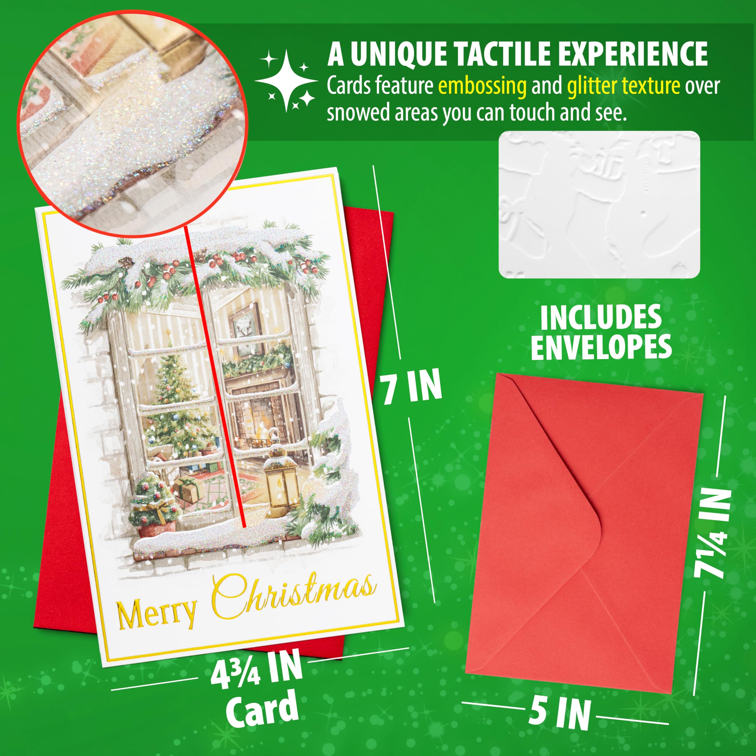 24 Christmas Cards Assortment, Festive Gold Foil Glitter Watercolor Bulk Xmas Cards with Envelopes & Messages - 6 Patterns, 4 3/4