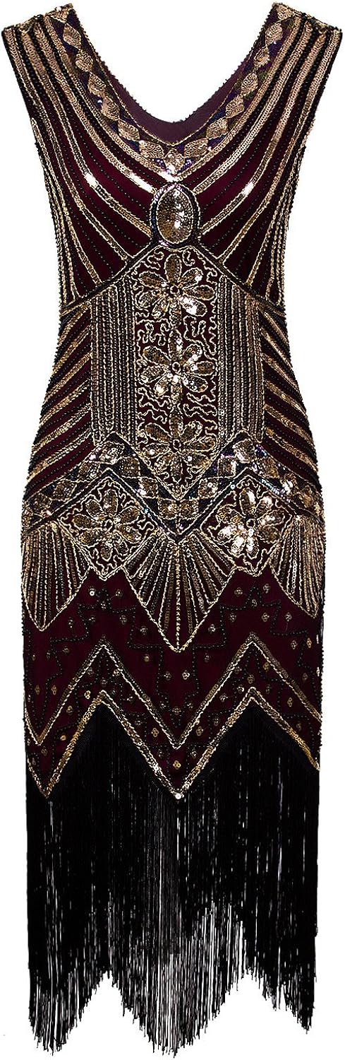 Vijiv Women 1920s Gastby Sequin Art Nouveau Embellished Fringed Flapper Dress