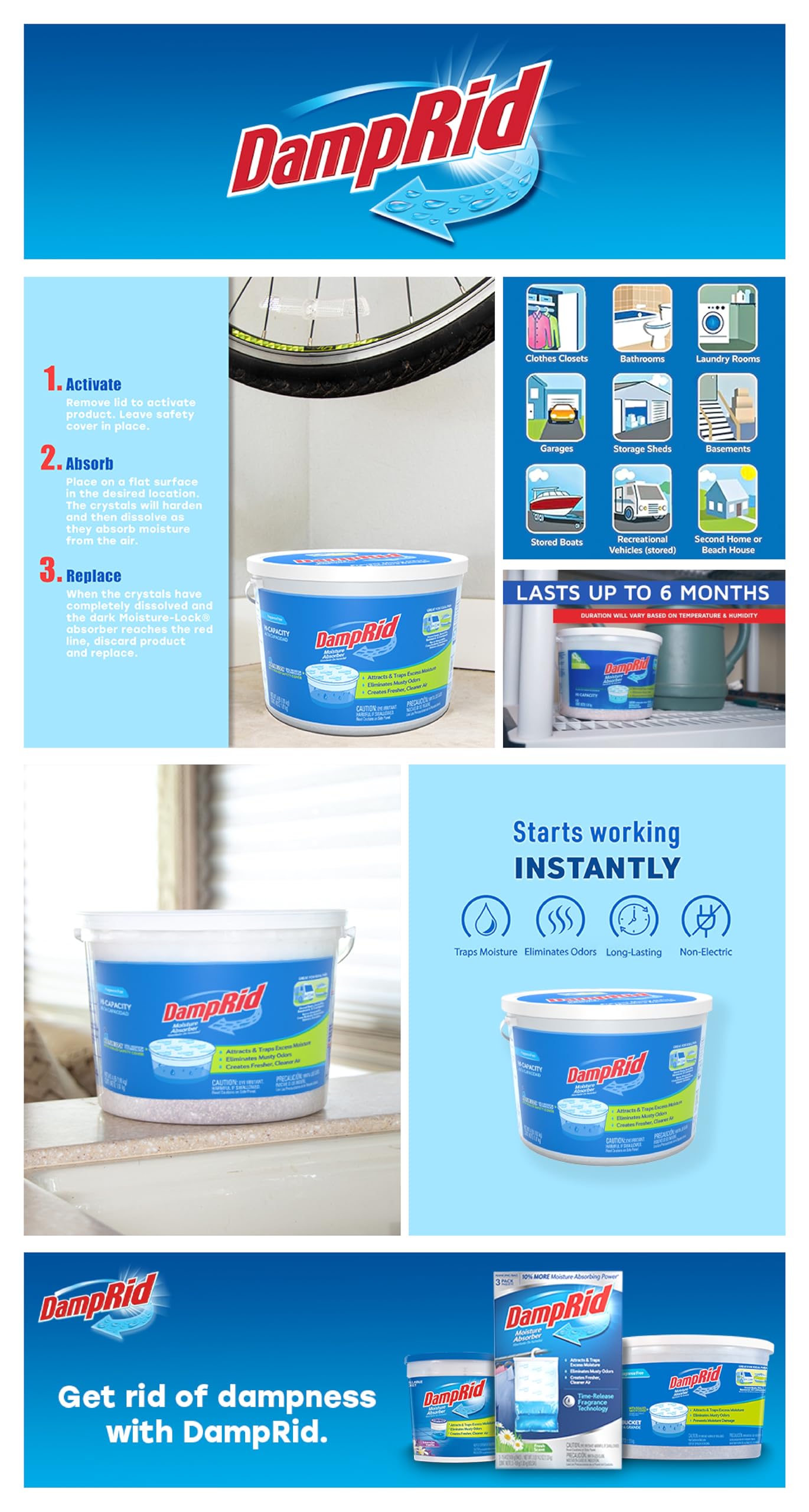 DampRid Moisture Absorber Hi-Capacity Bucket, 4 lb., Fragrance Free, For Fresher, Cleaner Air in Large Spaces, Lasts Up To 6 Months, No Electricity Required