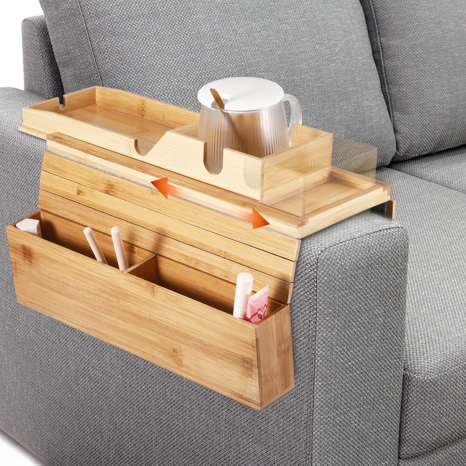 HOUSINN Bamboo Sofa Armrest Tray, Non-slip Couch Cup Holder, Adjustable Sofa Support, Side Table for Remote Control, Drink, Snacks, Magazine
