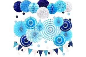 MARWEY 23Pcs Blue Birthday Party Decorations for Boys Men Navy Royal Light Blue Honeycomb Ball, Hanging Paper Fans, Pom Poms, Baby Shower Decorations Boy, Party Supplies 16th 18th 21th 30th 40th 50th