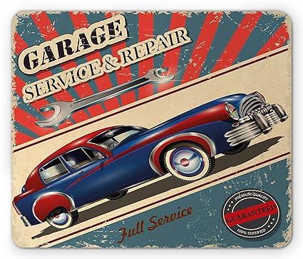 Man Cave Mouse Pad, Vintage Garage Service and Repair Mechanic Fifties Aged Poster Design Retro Design, Standard Size Rectang