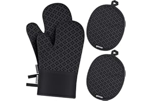 QEVOOON Oven Mitts and Pot Holders 4 Sets, Heat Resistant 500 ℉ Oven Mitt and Pot Holder, Oven Glove & Potholders with Non-Slip Silicone Surface,Kitchen Essentials for Cooking/Baking/BBQ-Black